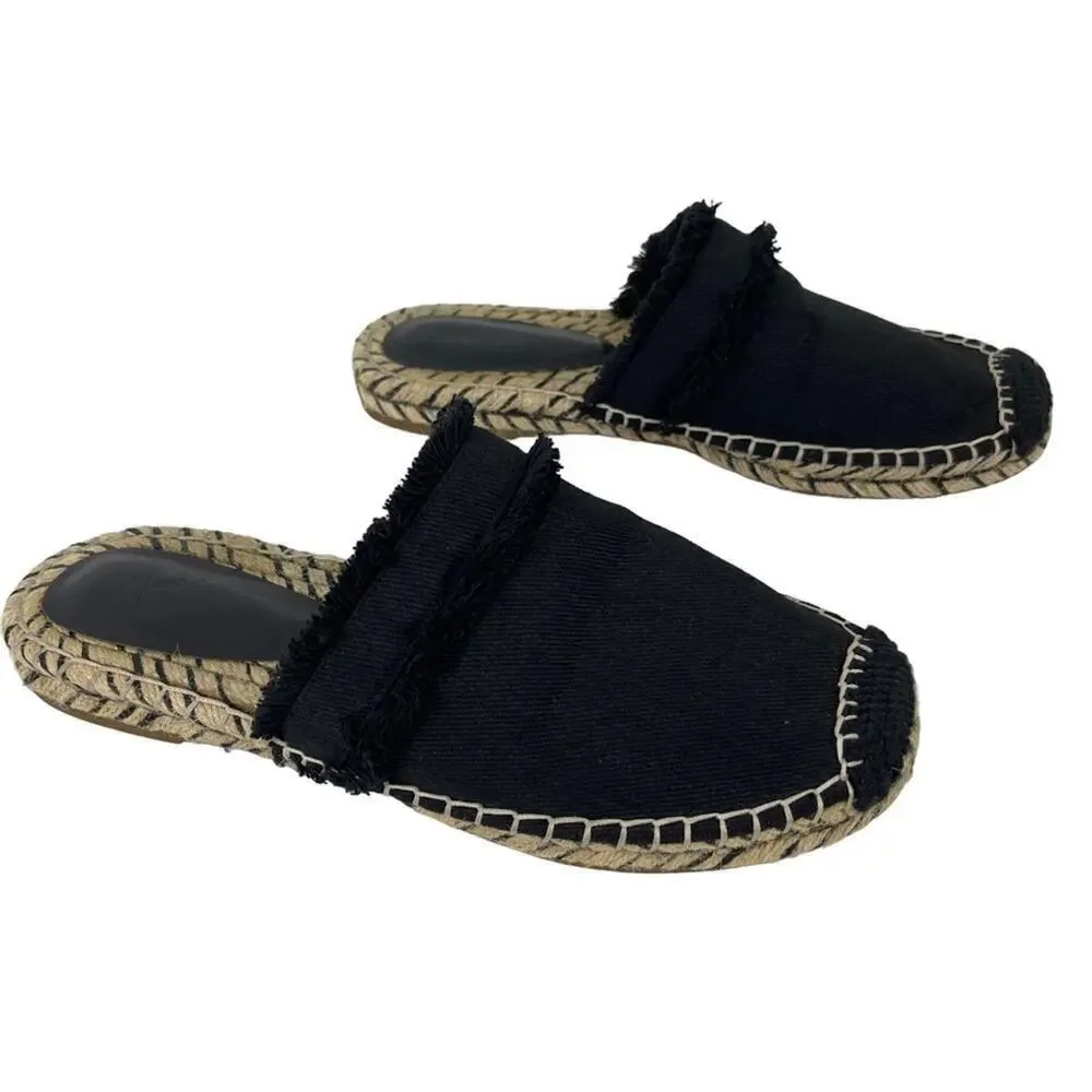 JOIE Black Cain Fringe Espadrille Mules Slides Shoes Size 39 US 9